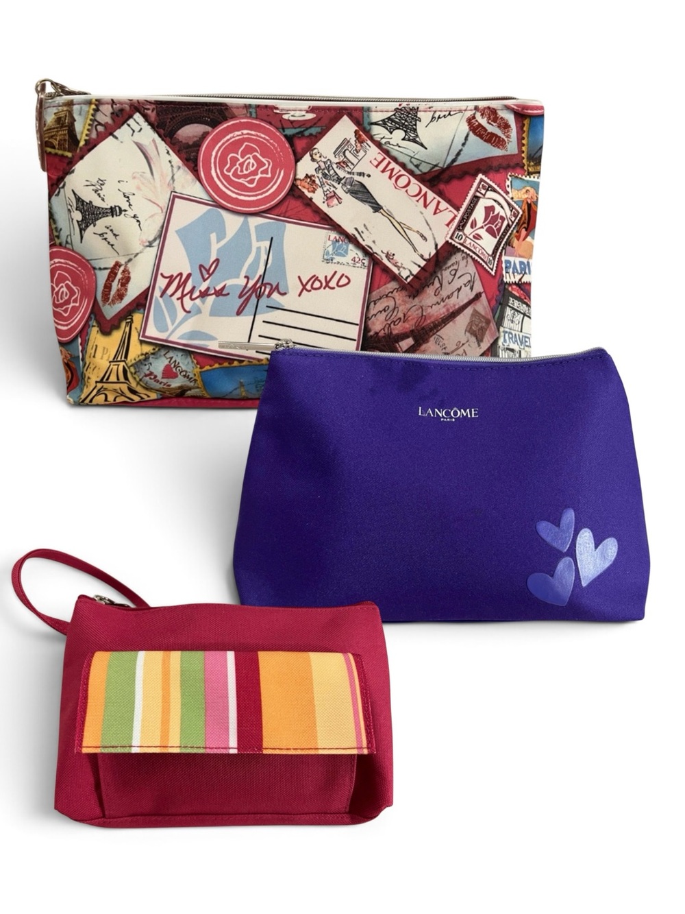 Lancome Vintage 3-Piece Multicolor Cosmetic Pouch Lot Set